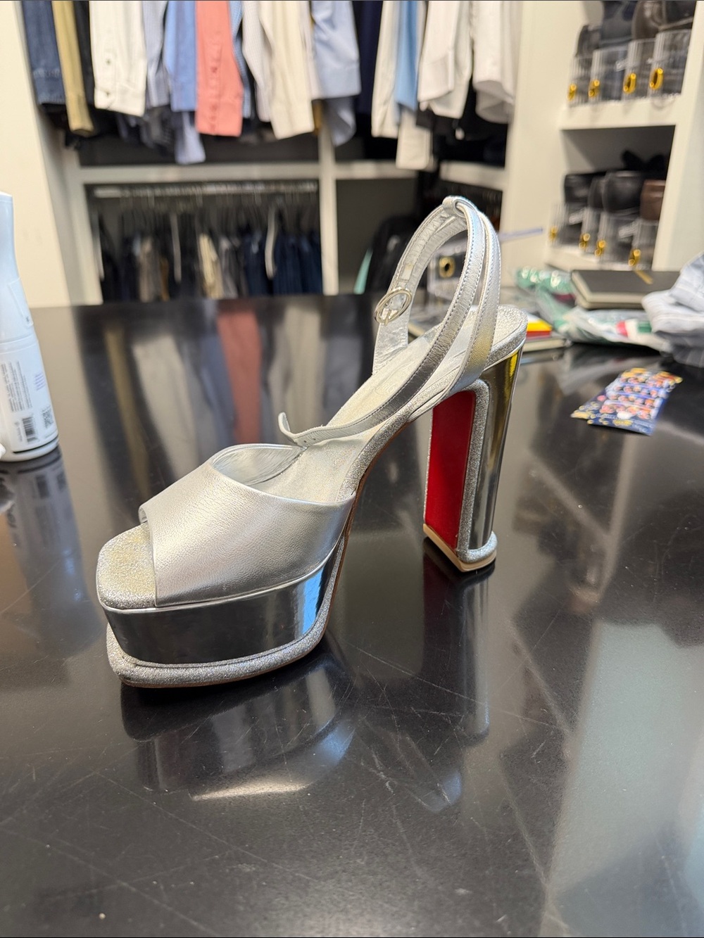 Christian Louboutin Silver Metallic Platform Slingback Sandals with Red Sole